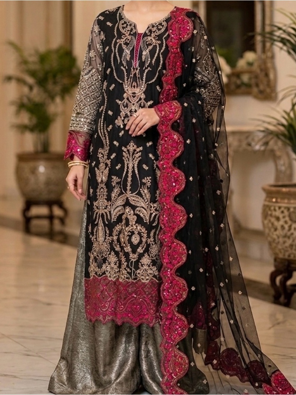 Embroidered Black & Pink Long Dress with Sheer Dupatta